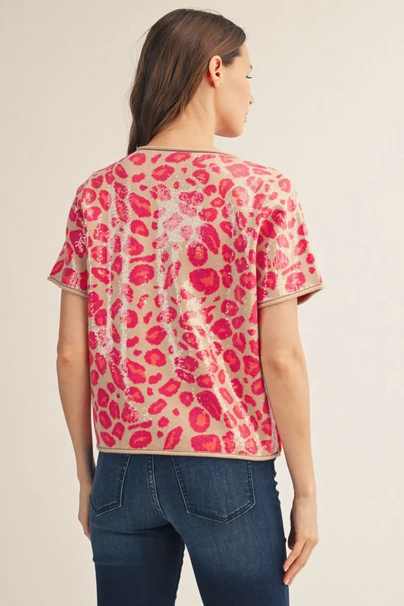 Pink Sequin Covered Leopard Top with short sleeves. Available in sizes XS-XL.