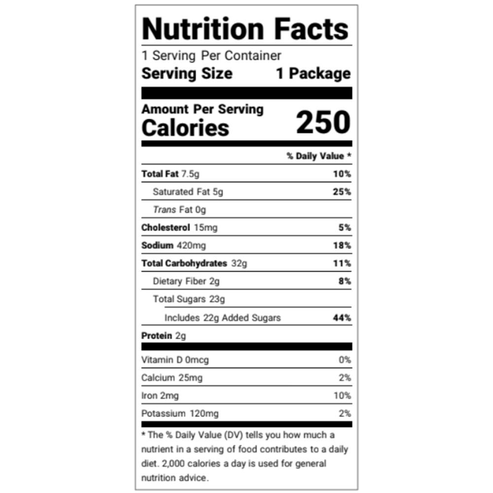 Salted Caramel Snack Bag: gluten-free, 1 serving, 250 cal, 7.5g fat, 32g carbs, 23g sugars (22g added), 2g protein.