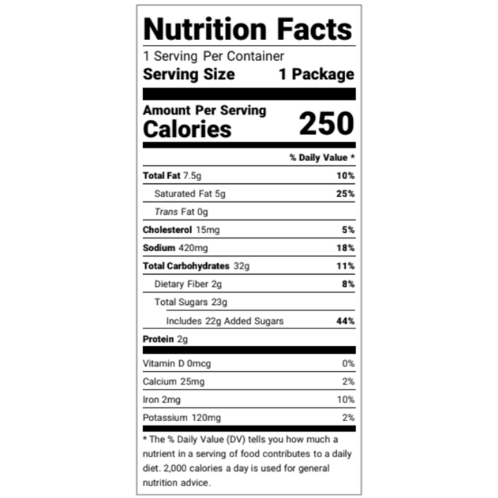 Salted Caramel Snack Bag: gluten-free, 1 serving, 250 cal, 7.5g fat, 32g carbs, 23g sugars (22g added), 2g protein.