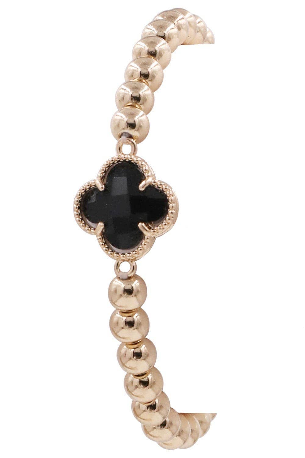 Gold beaded bracelet with a black crystal clover charm framed by textured gold. Available sizes: S, M, L.