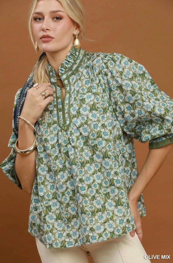 Floral Mandarin Collar Blouse in green and blue floral print cotton with puff sleeves, lightweight feel; available in sizes XS–XL.