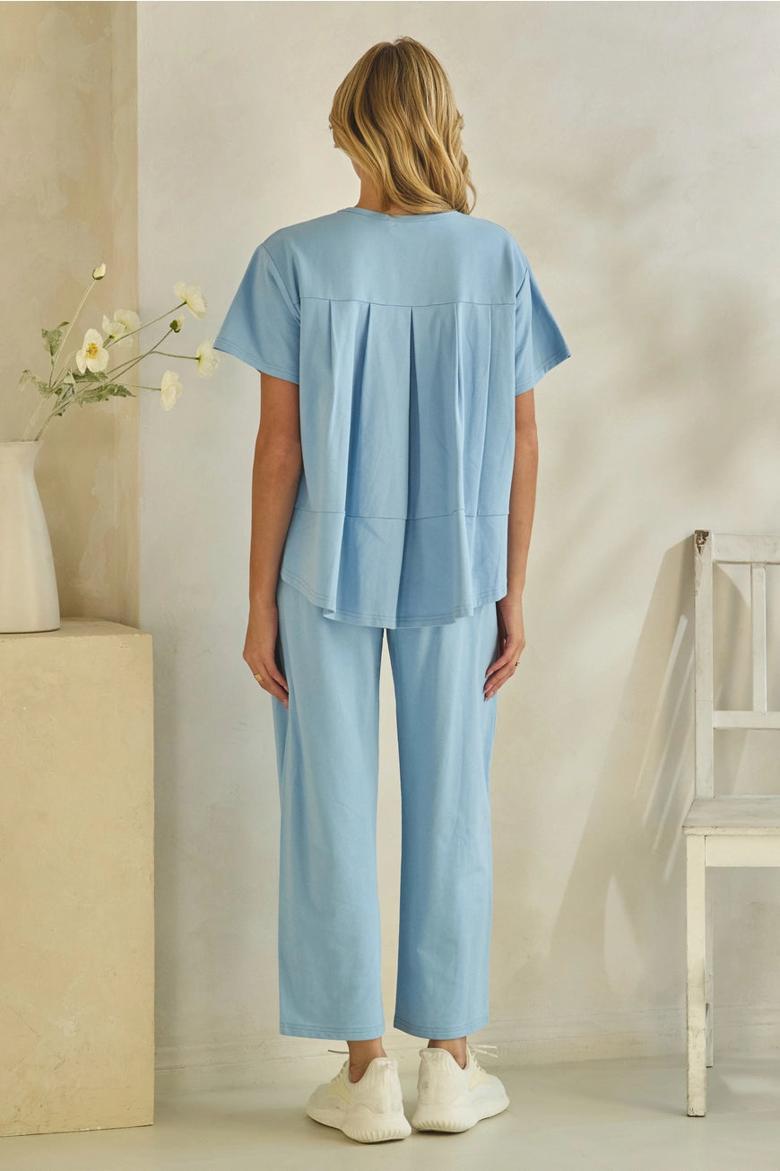 Effortless Blue Lounge Set: light blue drawstring pants and relaxed tee. Sizes available: S, M, L, XL.
