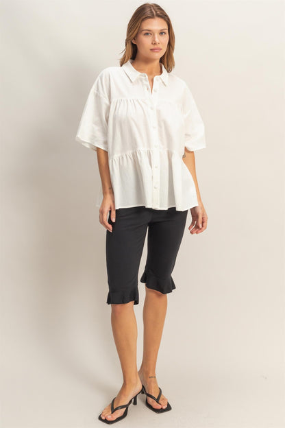 Button-Front Tiered Top with layered design, available in sizes XS-XL.