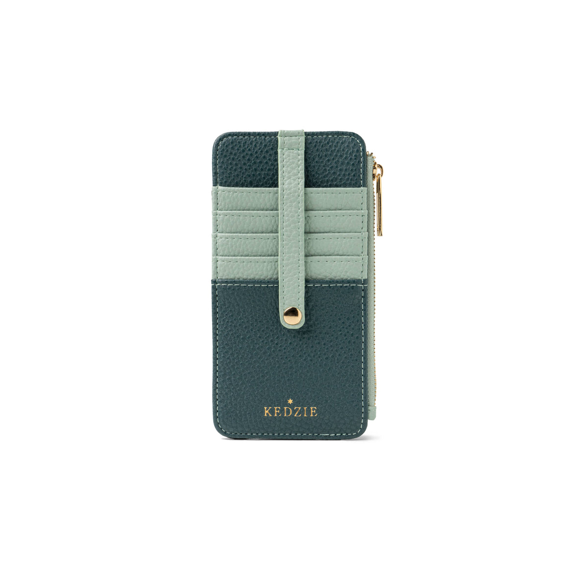 Two-toned green vegan leather wallet with gold “KEDZIE” logo, side gold zipper, multiple card slots, easy-carry strap, cheetah print lining, and interior zippered pocket. Sizes available.