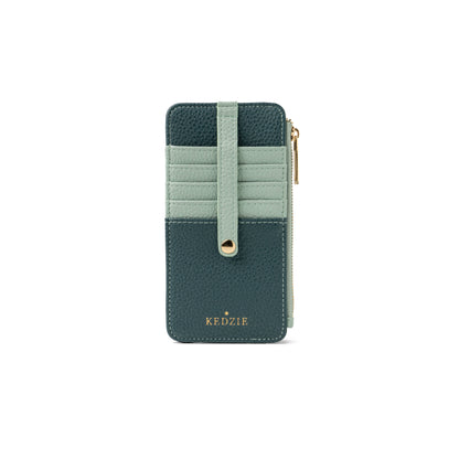 Two-toned green vegan leather wallet with gold “KEDZIE” logo, side gold zipper, multiple card slots, easy-carry strap, cheetah print lining, and interior zippered pocket. Sizes available.