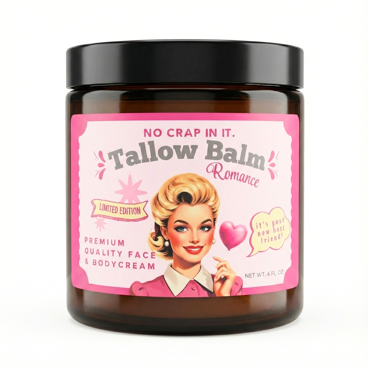 Romance Tallow Balm face and body cream in a pink-labeled jar; “No crap in it” and “Limited Edition.” Available in multiple sizes.
