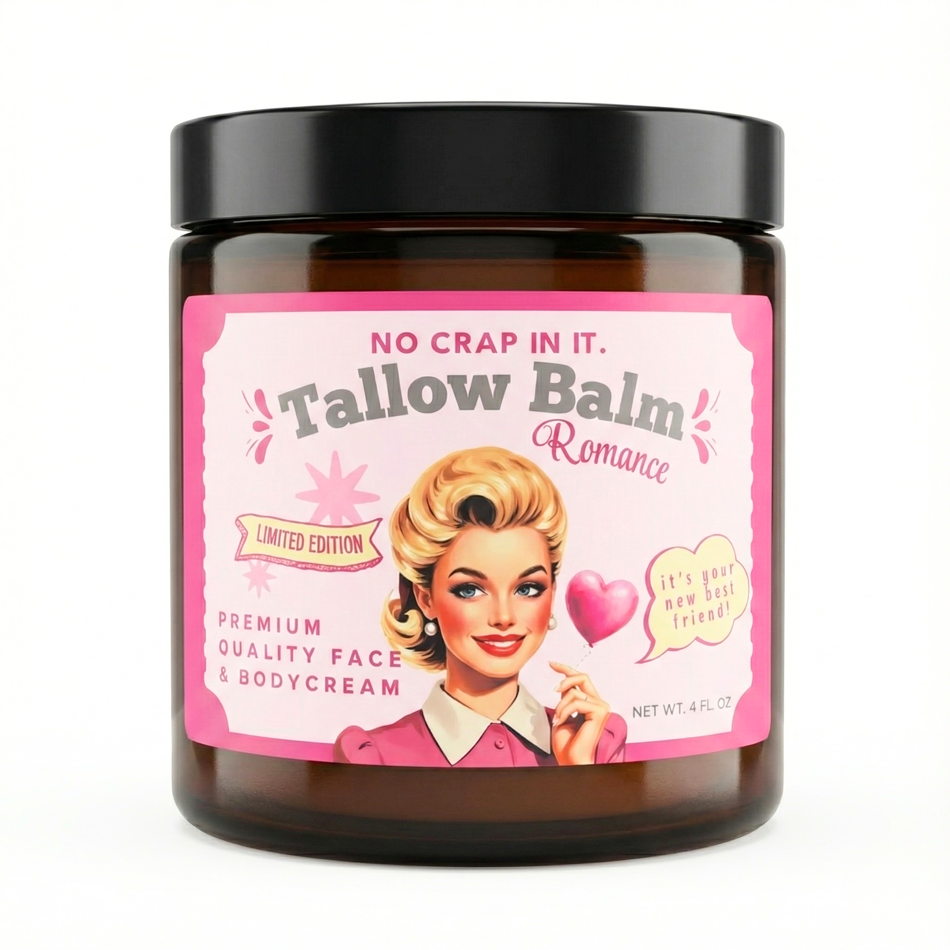 Romance Tallow Balm face and body cream in a pink-labeled jar; “No crap in it” and “Limited Edition.” Available in multiple sizes.