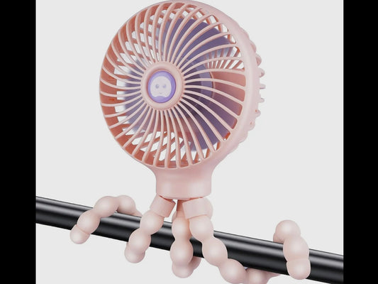 Pink Portable Tripod Fan with flexible legs; compact design; available in small, medium, and large sizes.