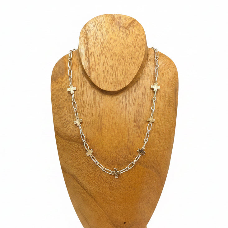 Dali Gold Silver Cross Necklace with small mixed metal cross charms on a delicate chain. Available in 16", 18", and 20" lengths.