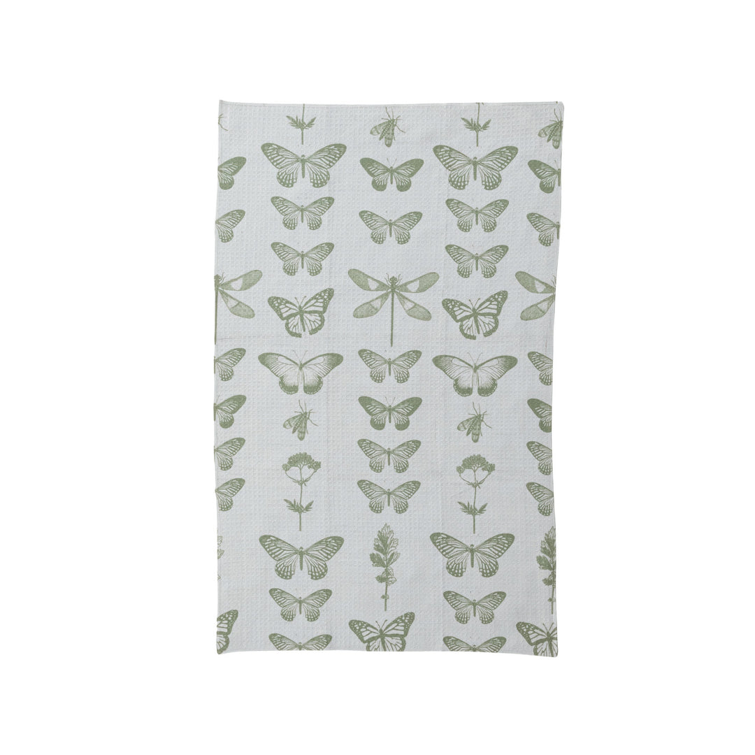 Light gray microfiber tea towel with green butterflies, dragonflies, botanicals. Eco-friendly. Sizes: standard, large.
