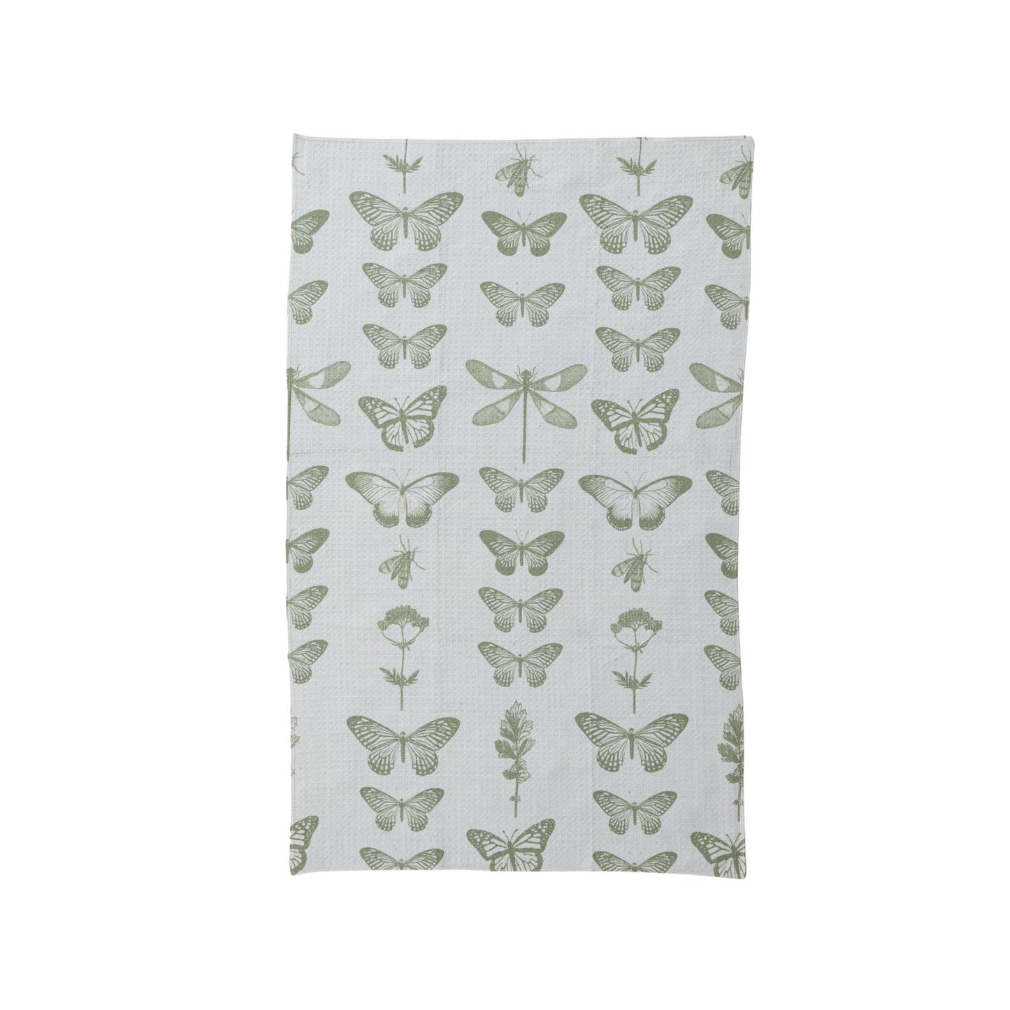 Light gray microfiber tea towel with green butterflies, dragonflies, botanicals. Eco-friendly. Sizes: standard, large.