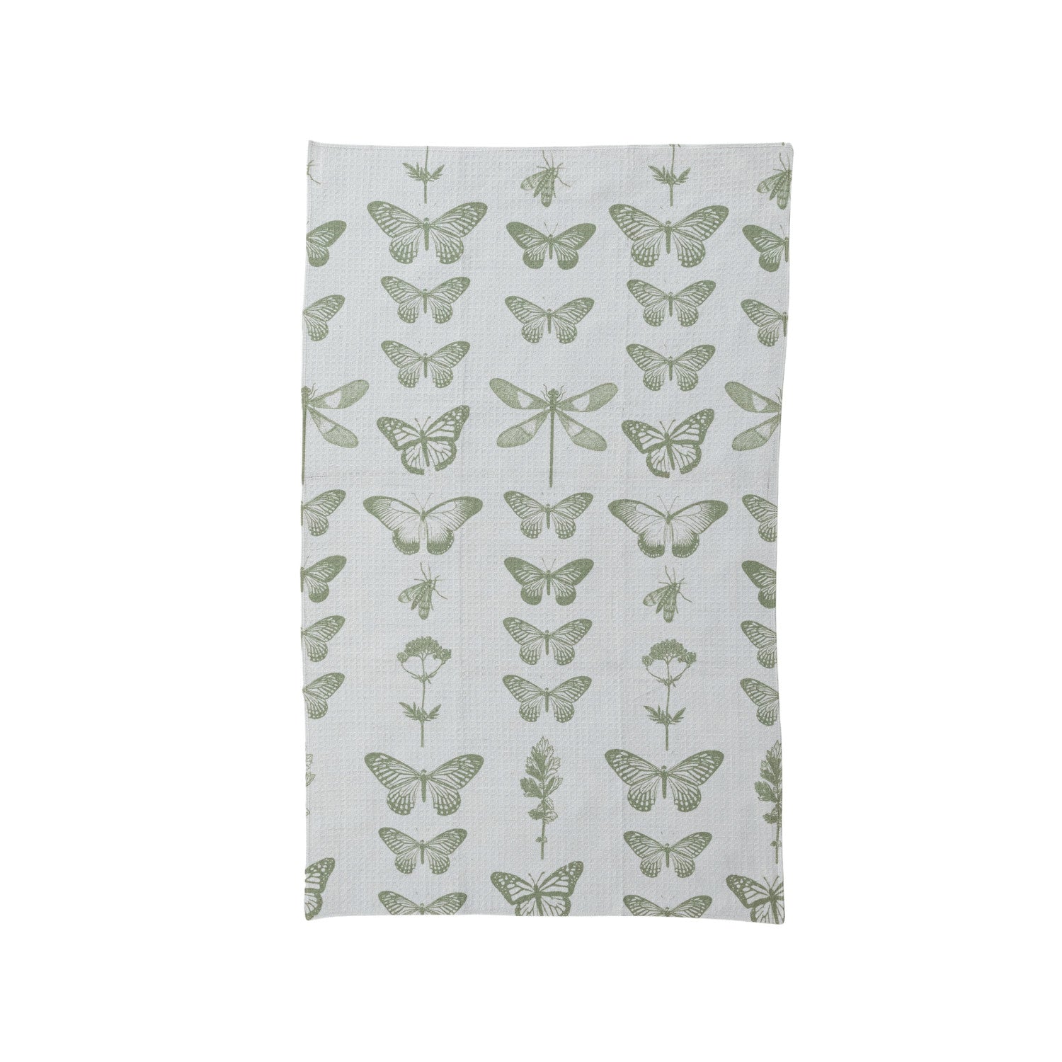 Light gray microfiber tea towel with green butterflies, dragonflies, botanicals. Eco-friendly. Sizes: standard, large.