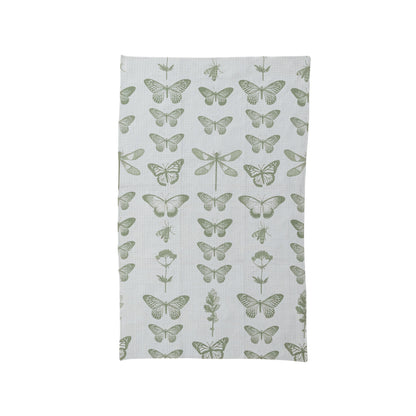 Light gray microfiber tea towel with green butterflies, dragonflies, botanicals. Eco-friendly. Sizes: standard, large.