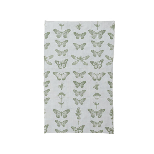 Light gray microfiber tea towel with green butterflies, dragonflies, botanicals. Eco-friendly. Sizes: standard, large.