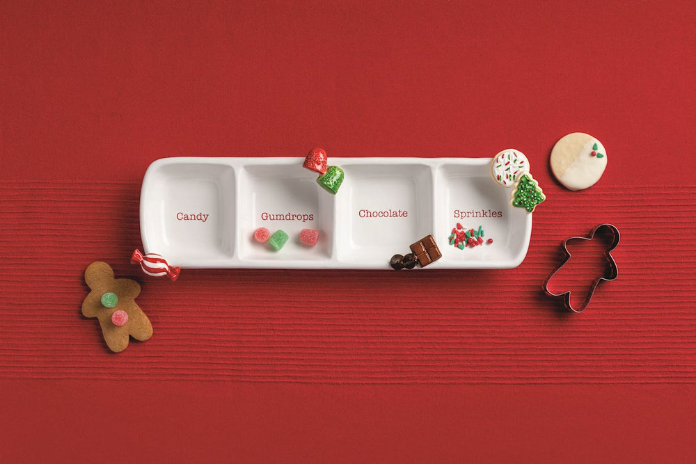 A divided white plate labeled “Candy,” “Gumdrops,” “Chocolate,” and “Sprinkles.”.