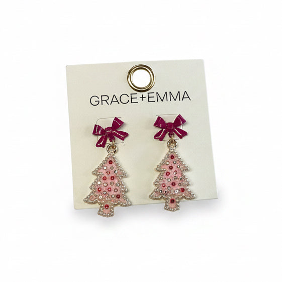 Pink dangle Christmas tree earrings with dark pink bows.