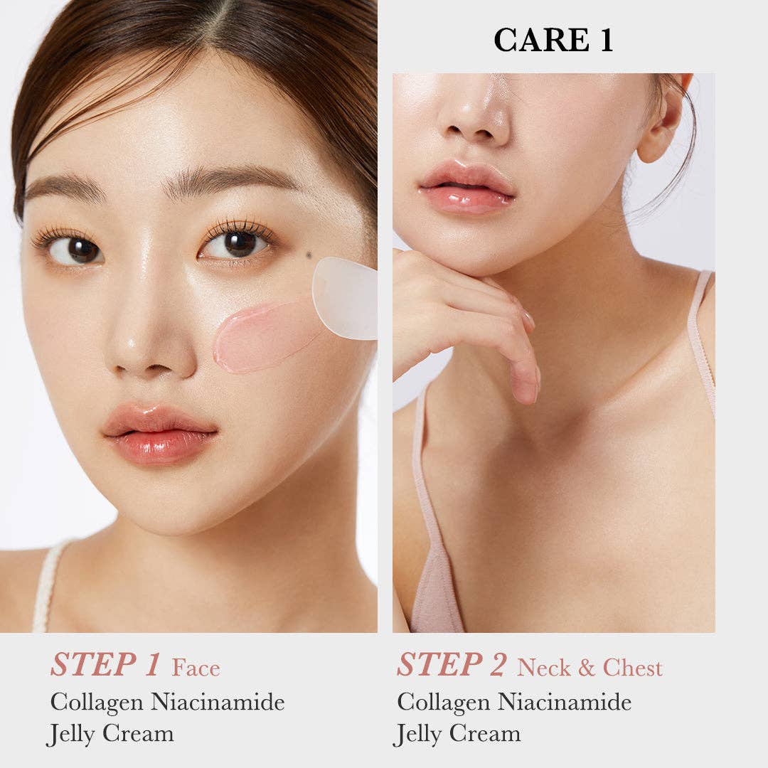 Split image of MEDICUBE Collagen Niacinamide Jelly Cream use on face, neck &amp; chest; shown in 50ml and 100ml sizes.