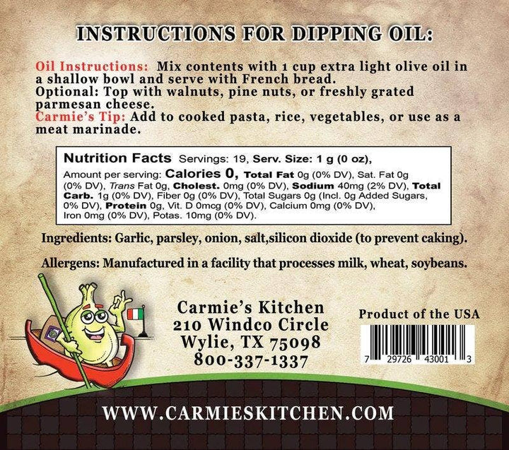 Toasted Garlic Dipping Oil Seasoning label with instructions, nutrition info, and company details. Available in 1 oz and 2 oz sizes.