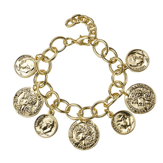 Moxy Gold Bracelet with large chain links and 6 engraved coin charms, lobster clasp. Available in S, M, L.