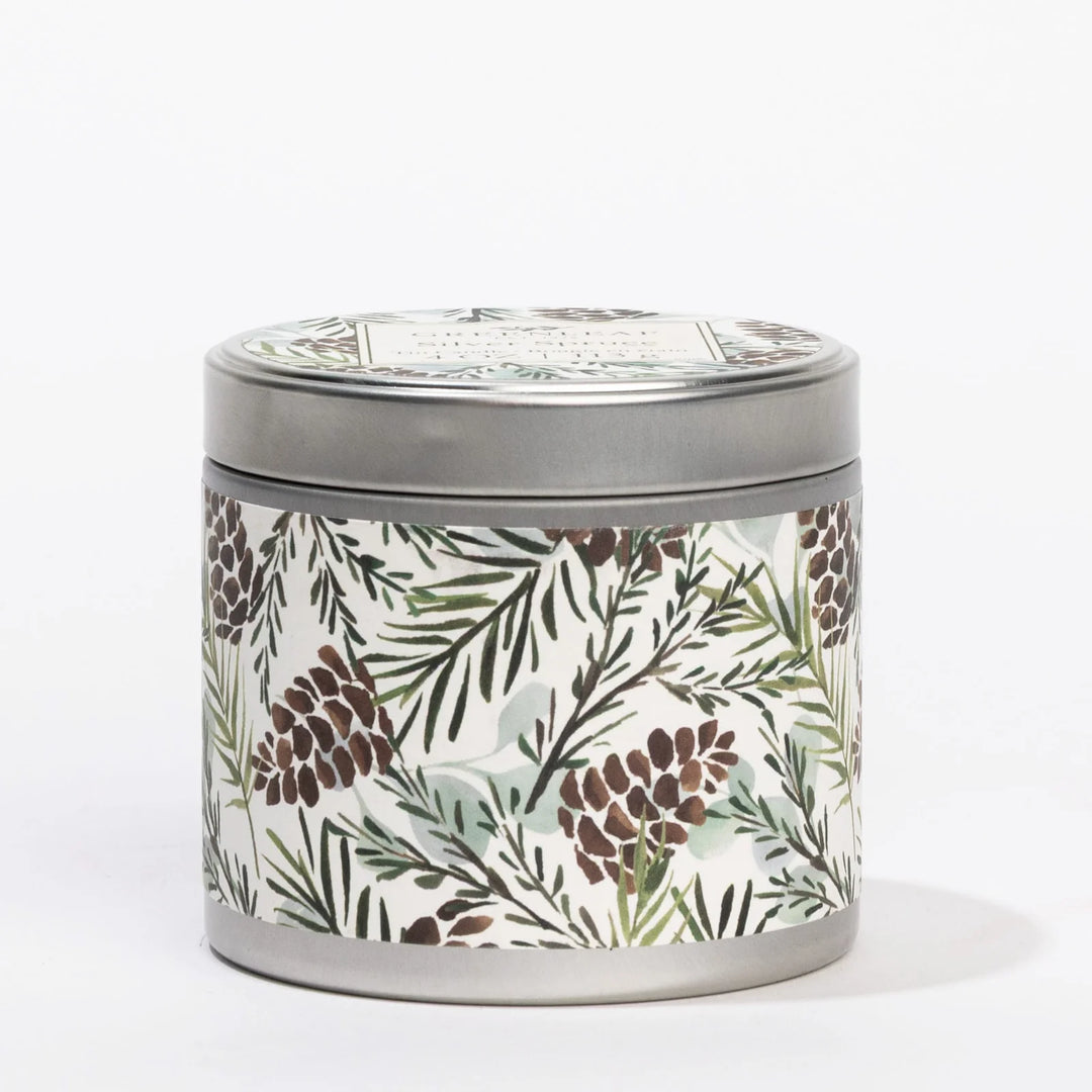 Silver Spruce 4oz candle tin with watercolor pine branch and pinecone print.
