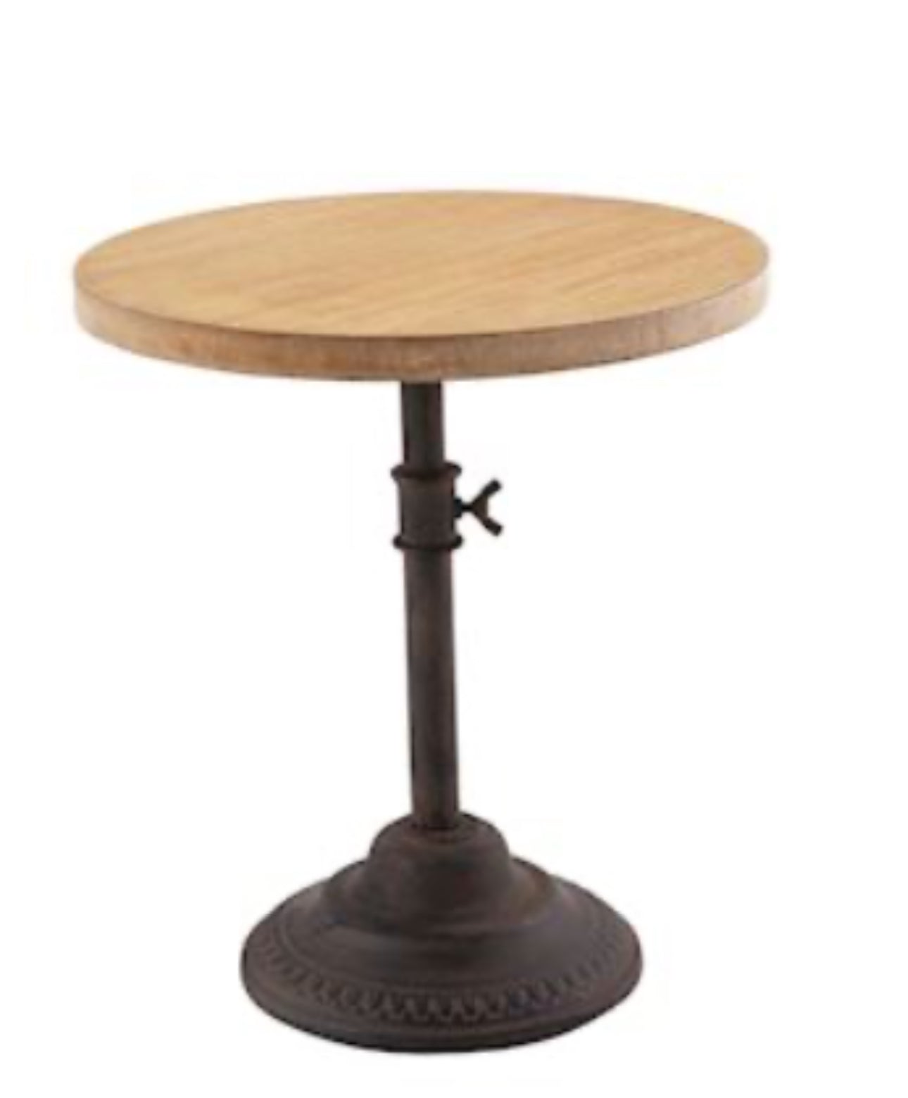 This is a round wooden tabletop featuring an adjustable server base with a crank handle. Constructed from durable wood, this table offers stable support and can be easily adjusted using the included crank handle. The quaintly vintage design of the base adds character while retaining practical functionality. Size options available are a compact 24-inch width for smaller spaces or a larger 36-inch width version for more spacious requirements: suitable for your dining room, kitchen or even office space needs.