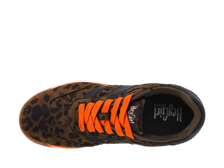 Run It Back leopard-print Corkys Hey Girl shoes with bright orange laces. Available in all sizes.