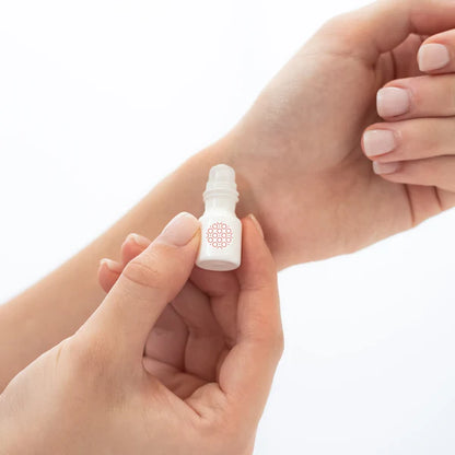 Keychain Mini Rollerball Perfume in a white 10ml bottle with orange geometric pattern. Available in 10ml and 15ml sizes.