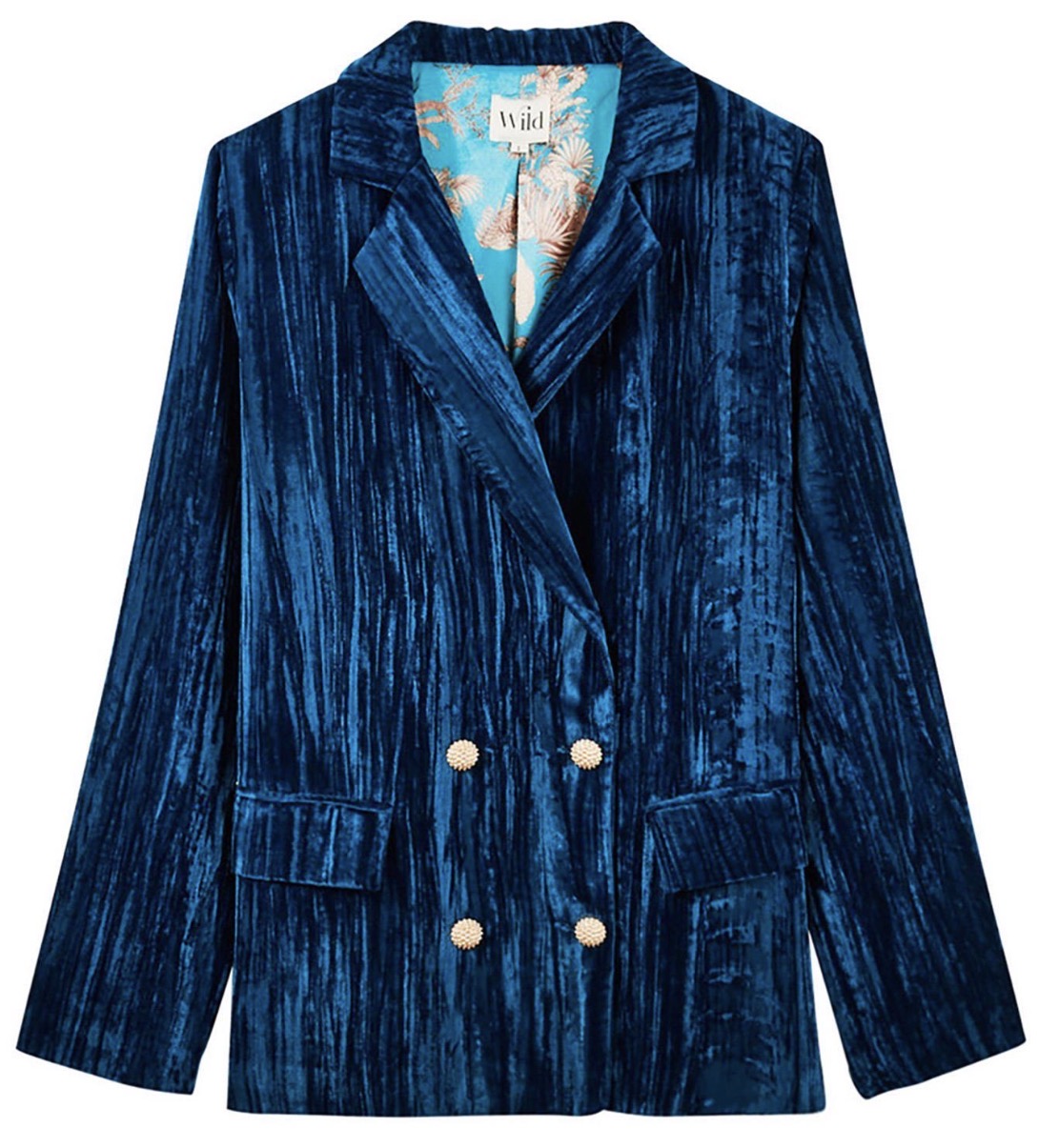 Kim Crushed Blue Velvet Jacket: double-breasted blue crushed velvet blazer with gold buttons, notched lapels, two front pockets, and floral-patterned lining. Available in sizes XS-XL.