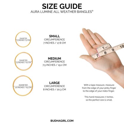Aura Lumine All Weather Bangles size guide shows diameters for small, medium, and large sizes. Handcrafted bangles designed for all weather.