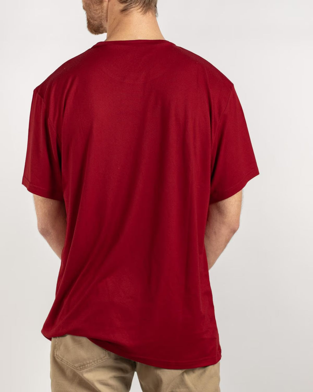 Back view of dark red men’s crew neck short-sleeved T-shirt.