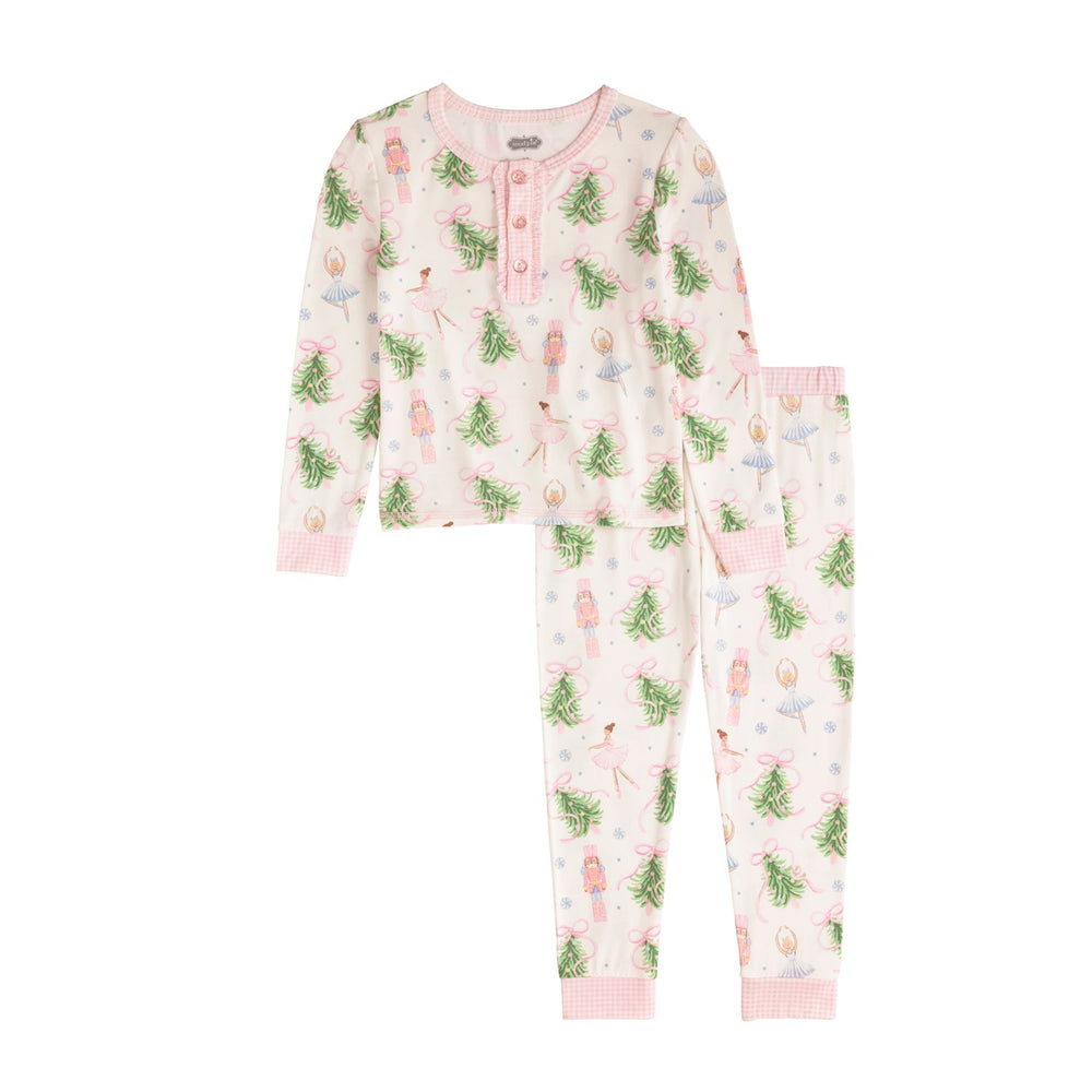 Nutcracker Gingham PJ Set with long-sleeved henley top and pants featuring nutcrackers, ballerinas, pine branches, and pink gingham trim. Available in multiple sizes.