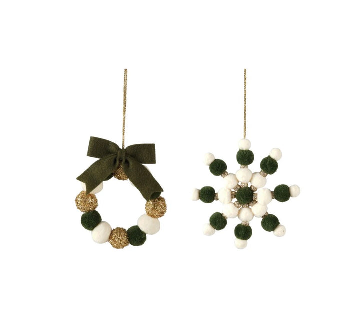 Green, gold, and white pom pom ornaments: wreath with green bow and star-shaped.