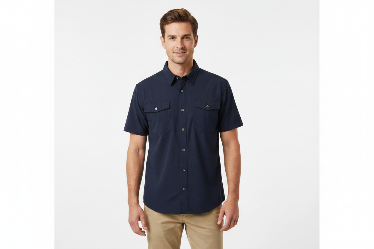 Men’s Navy Quick Dry Shirt: lightweight, navy blue short-sleeve with two chest pockets and button front. Available in sizes S–XXL.