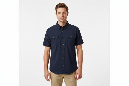 Men’s Navy Quick Dry Shirt: lightweight, navy blue short-sleeve with two chest pockets and button front. Available in sizes S–XXL.