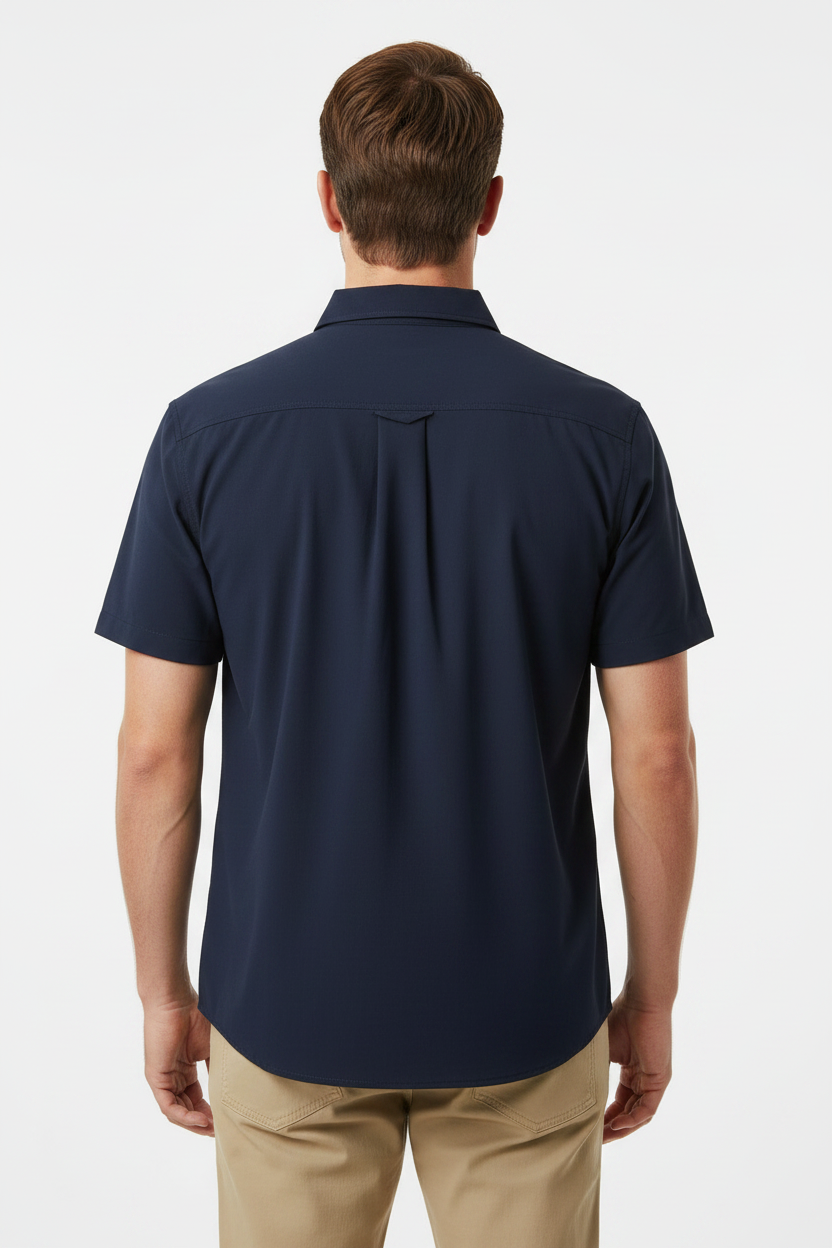 Men’s Navy Quick Dry Shirt, short-sleeve, button-front; available in sizes S-XXL.