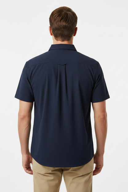 Men’s Navy Quick Dry Shirt, short-sleeve, button-front; available in sizes S-XXL.
