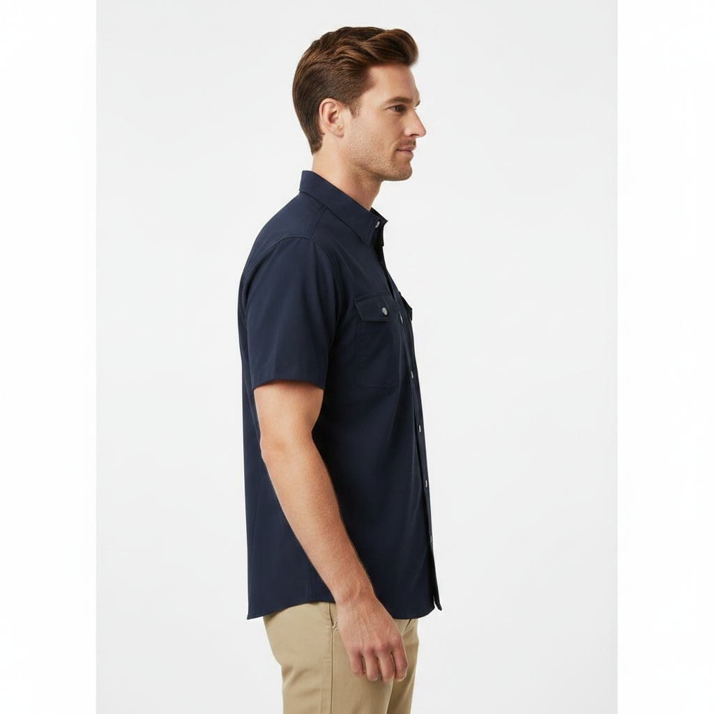 Men’s Navy Quick Dry Shirt: short-sleeve, button-front. Available in sizes S-XXL.