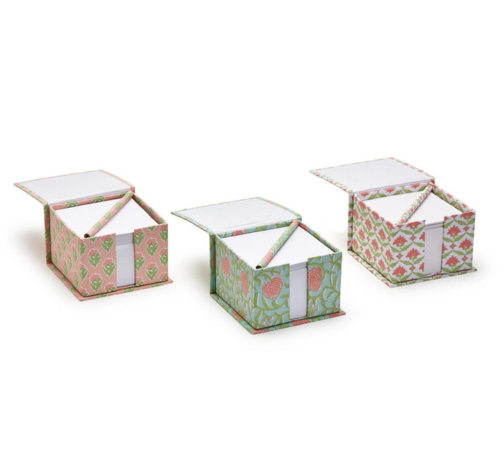 Floral Block Print Notepad with Pencil in green, pink, and white patterns; available in small and large sizes.