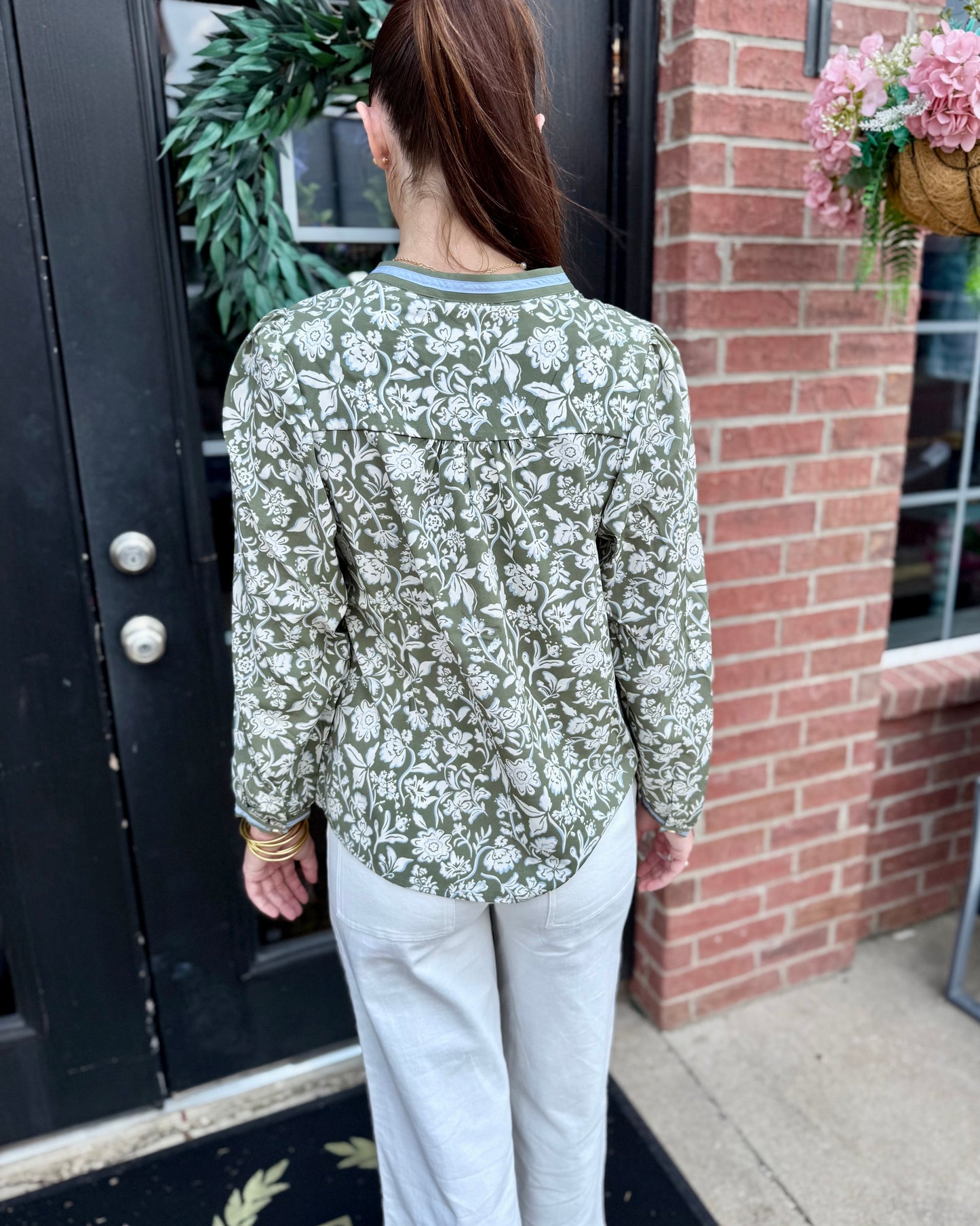 Naomi Painted Trillium Olive Top, long sleeves. Available in sizes XS-XL.