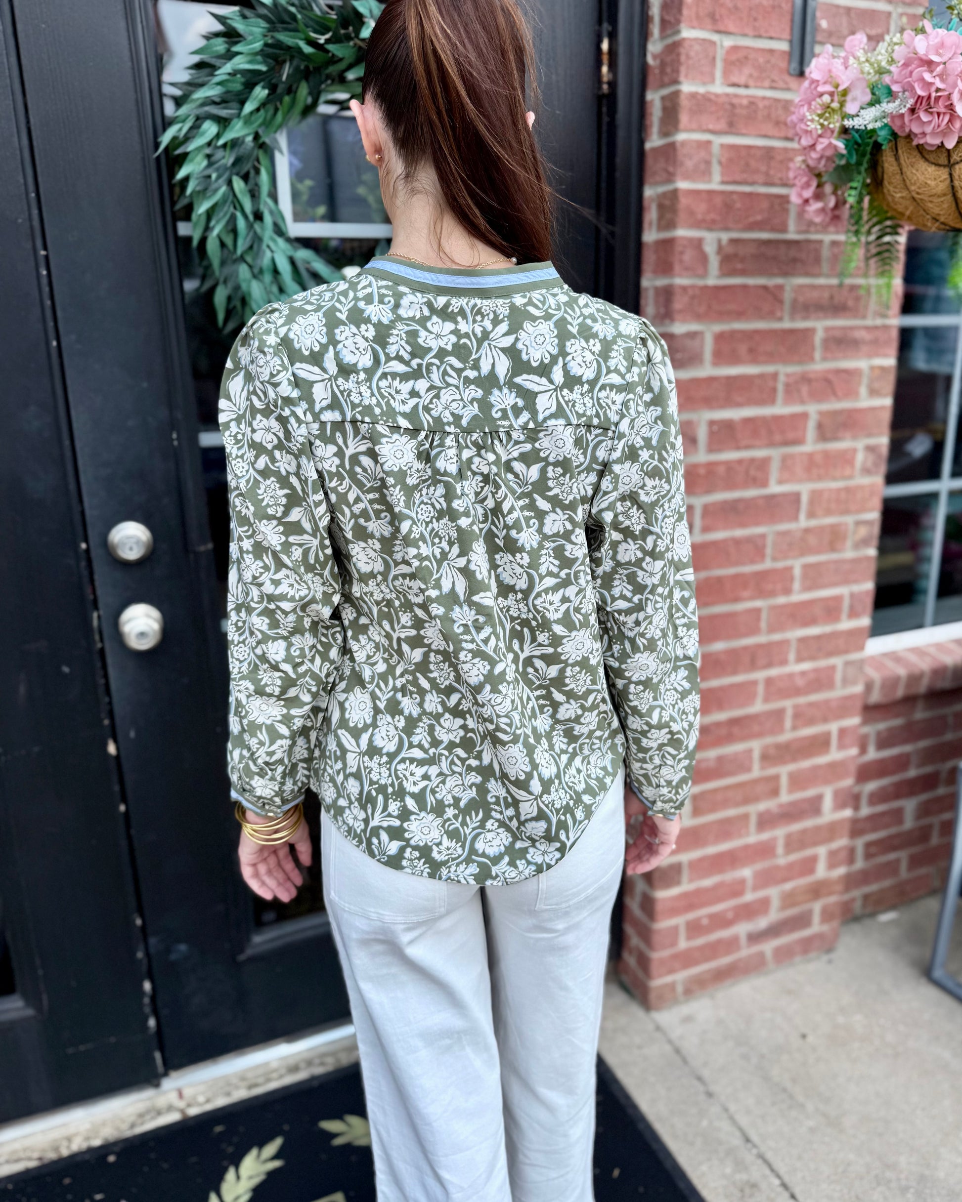 Naomi Painted Trillium Olive Top, long sleeves. Available in sizes XS-XL.
