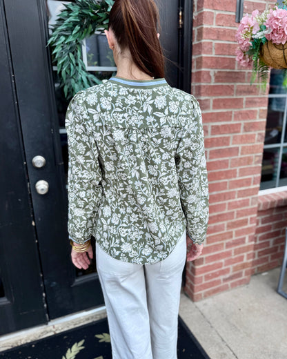 Naomi Painted Trillium Olive Top, long sleeves. Available in sizes XS-XL.