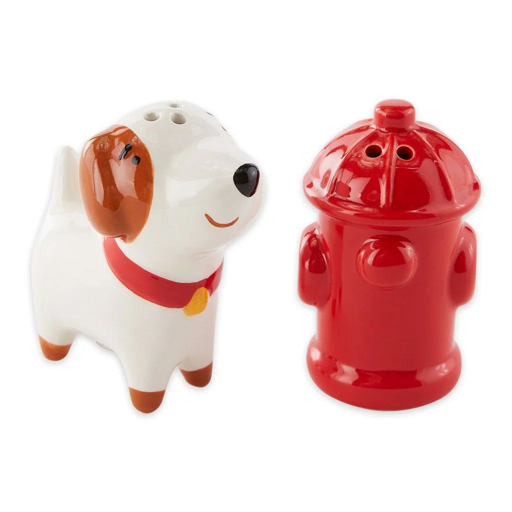 Dog and Fire Hydrant Salt & Pepper Shaker set; available in 3” and 3.5” sizes for easy seasoning.