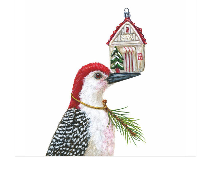 Holiday Napkins featuring a red-headed woodpecker with an evergreen sprig and a house ornament. Available in multiple sizes.