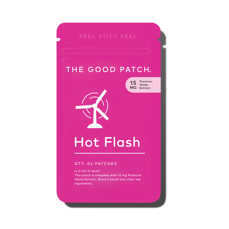Bright pink "The Good Patch" Hot Flash Patch pack, 4 patches per pack, each with 15mg hemp extract; one size available.