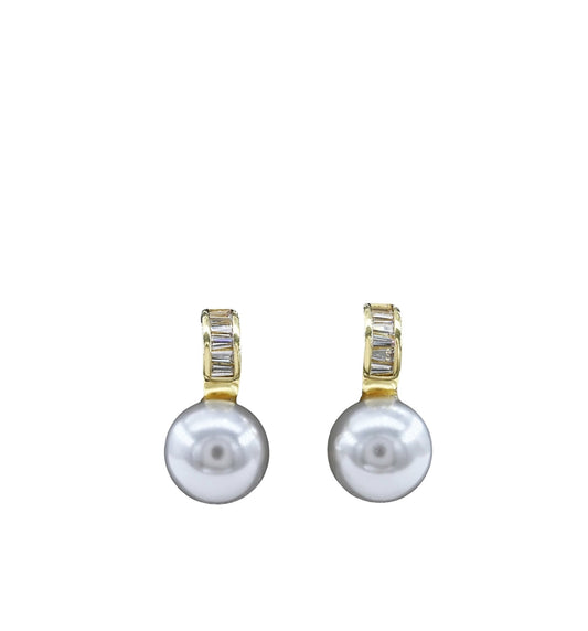 Baguette Cz Pearl Bead Gold Dipped Earring