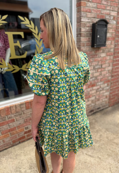 Green Floral Print Button Up Dress