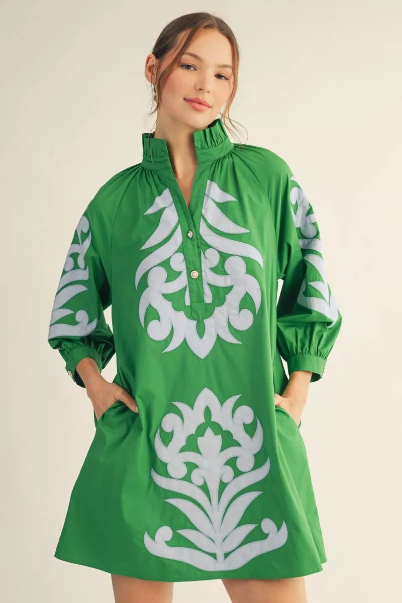 Kelly Green and Light Blue Baroque Appliqué Shift Dress, available in sizes XS–XL.