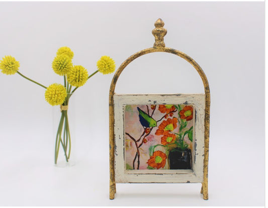 6x10 rustic framed wood art on a metal stand featuring vibrant floral painting.