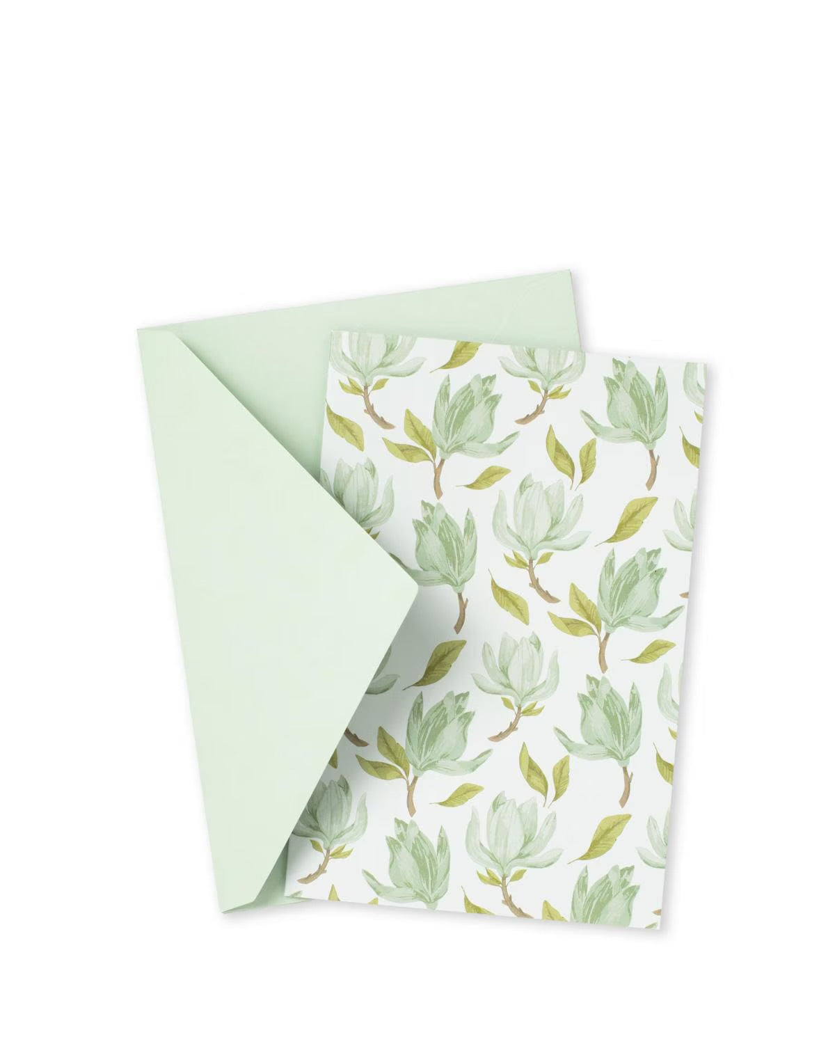 Greeting card with green botanical leaf and flower pattern, plain light green envelope; available in A6 and A7 sizes.