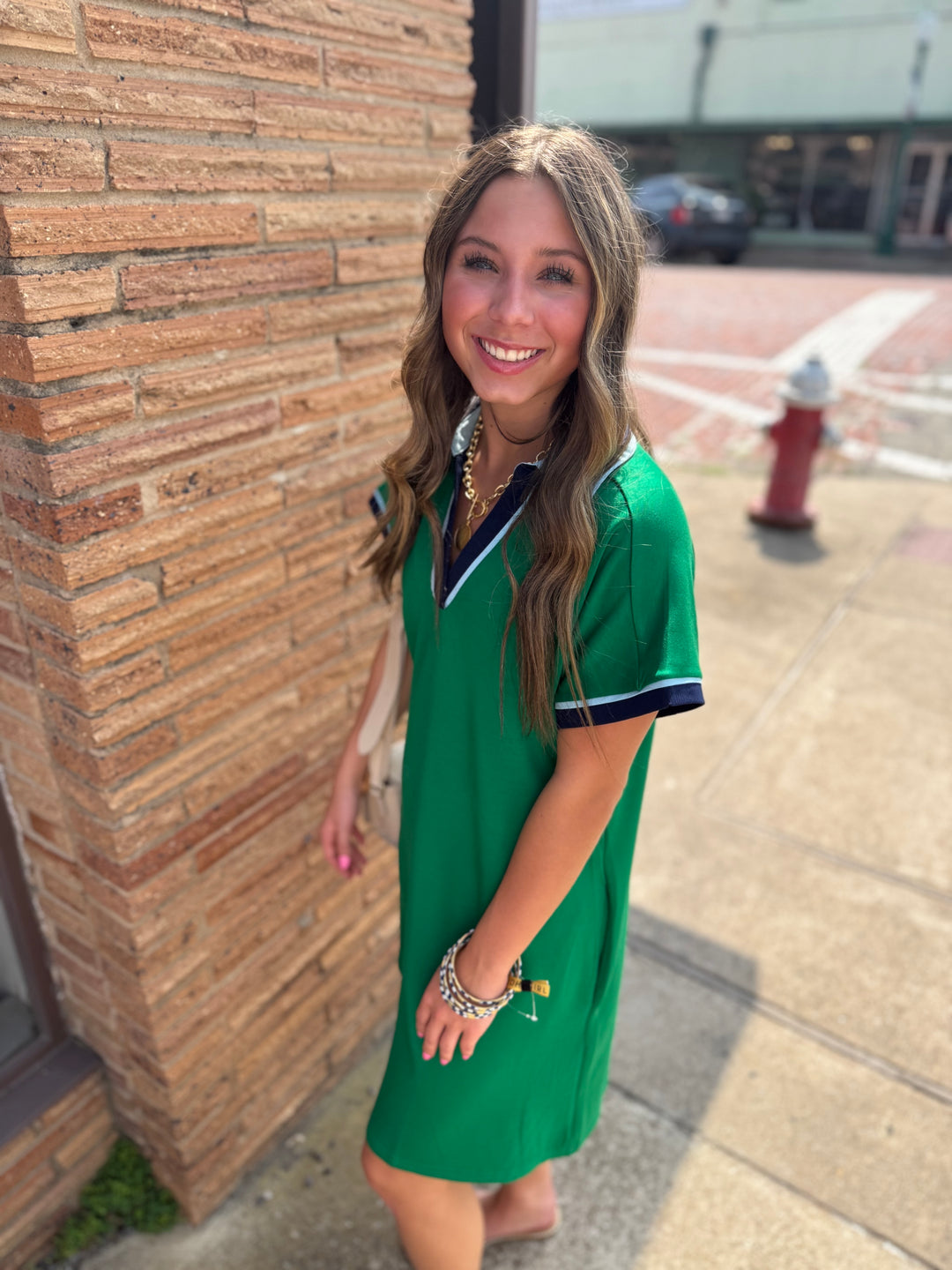 Kelly Green Solid Contrast Accent Dress, available in sizes XS–XL. Simple design with bold color accents.
